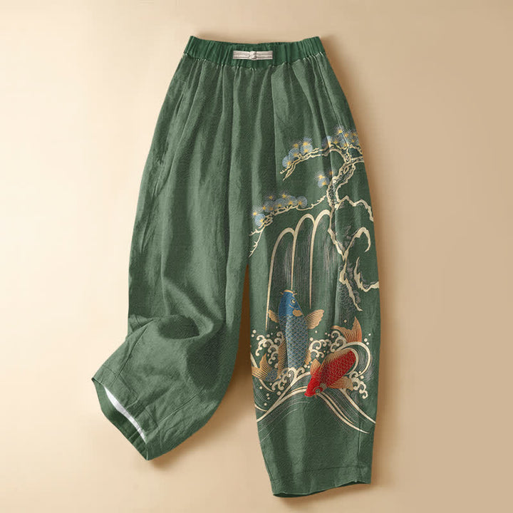 Buddha Stones Pure Cotton Pine Tree Koi Waterfall Pattern Frog Button Women's Elastic Waist Harem Pants With Pockets - SeaGreen - US16，UK/AU20，EU48 (3XL) - image 0