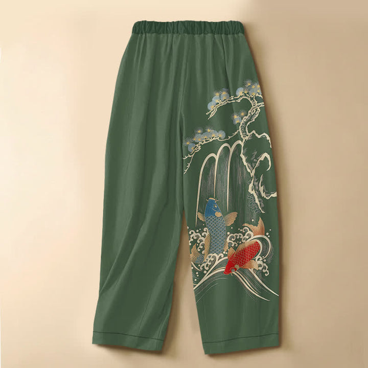 Buddha Stones Pure Cotton Pine Tree Koi Waterfall Pattern Frog Button Women's Elastic Waist Harem Pants With Pockets - image 1