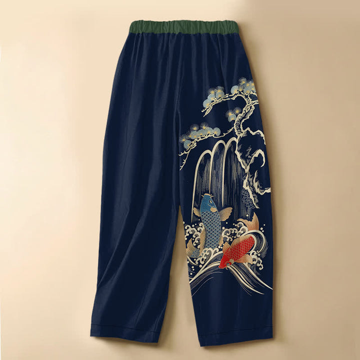 Buddha Stones Pure Cotton Pine Tree Koi Waterfall Pattern Frog Button Women's Elastic Waist Harem Pants With Pockets - image 6