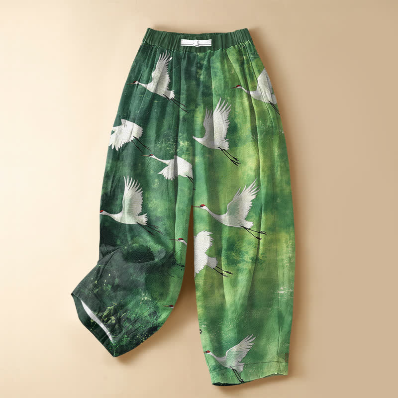 Buddha Stones Pure Cotton Flying White Crane Pattern Frog Button Women's Elastic Waist Harem Pants With Pockets - ForestGreen - US16，UK/AU20，EU48 (3XL) - image 0
