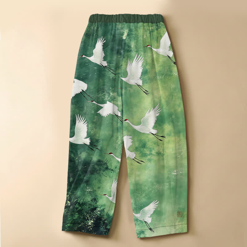 Buddha Stones Pure Cotton Flying White Crane Pattern Frog Button Women's Elastic Waist Harem Pants With Pockets - image 1