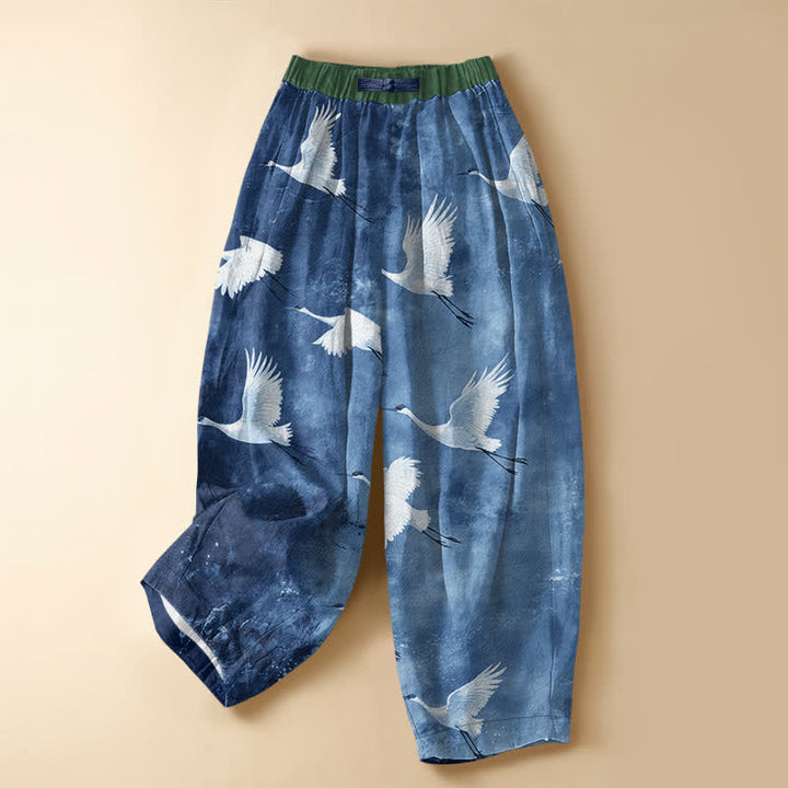 Buddha Stones Pure Cotton Flying White Crane Pattern Frog Button Women's Elastic Waist Harem Pants With Pockets - SteelBlue - US16，UK/AU20，EU48 (3XL) - image 5