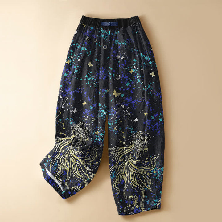 Buddha Stones Pure Cotton Starry Ocean Butterfly Koi Fish Pattern Frog Button Women's Elastic Waist Harem Pants With Pockets - Black - US16，UK/AU20，EU48 (3XL) - image 0
