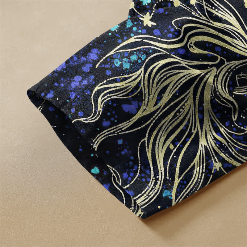 Buddha Stones Pure Cotton Starry Ocean Butterfly Koi Fish Pattern Frog Button Women's Elastic Waist Harem Pants With Pockets - image 3