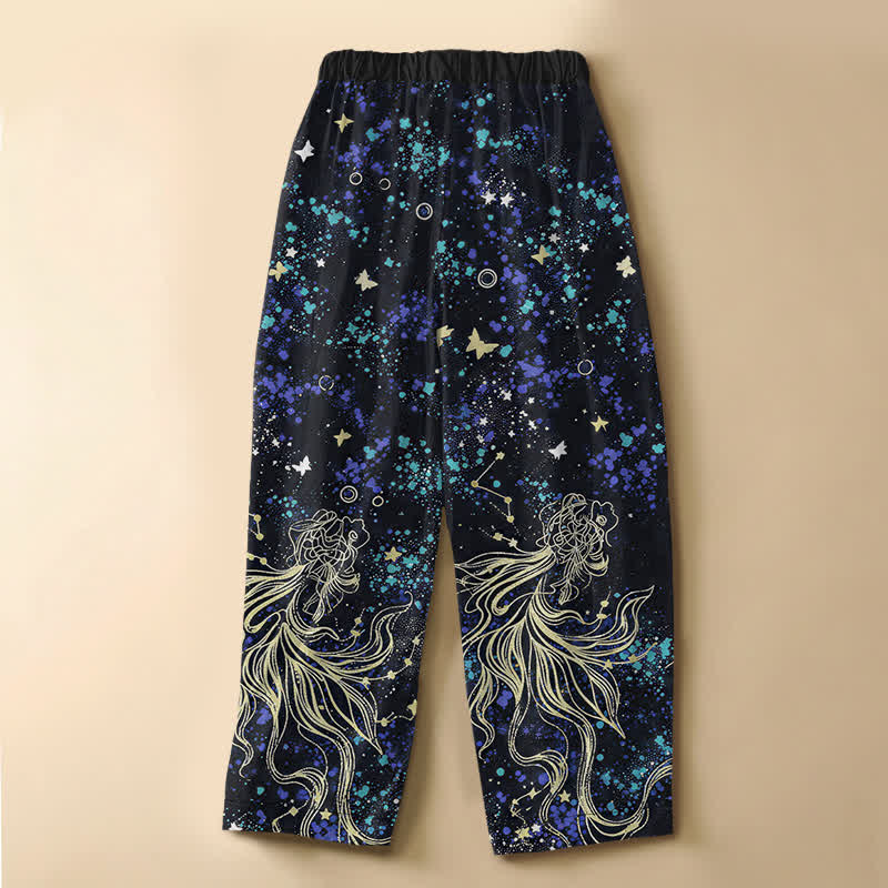 Buddha Stones Pure Cotton Starry Ocean Butterfly Koi Fish Pattern Frog Button Women's Elastic Waist Harem Pants With Pockets - image 1