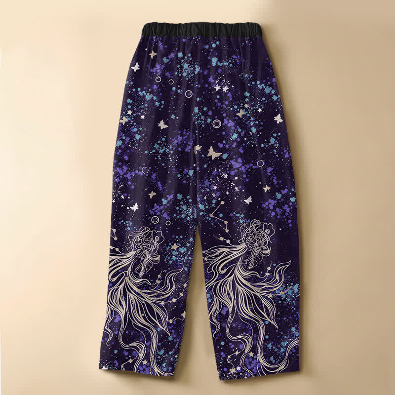 Buddha Stones Pure Cotton Starry Ocean Butterfly Koi Fish Pattern Frog Button Women's Elastic Waist Harem Pants With Pockets - image 6