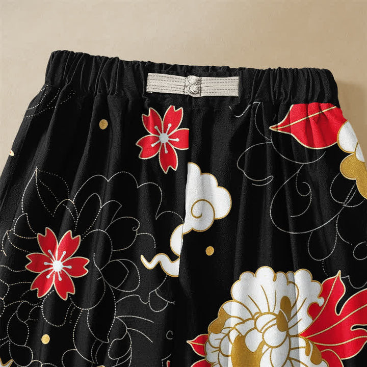 Buddha Stones Pure Cotton Vintage Crane Floral Pattern Frog Button Women's Elastic Waist Harem Pants With Pockets - image 2