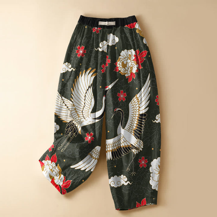 Buddha Stones Pure Cotton Vintage Crane Floral Pattern Frog Button Women's Elastic Waist Harem Pants With Pockets - DarkSlateGray - US16，UK/AU20，EU48 (3XL) - image 5