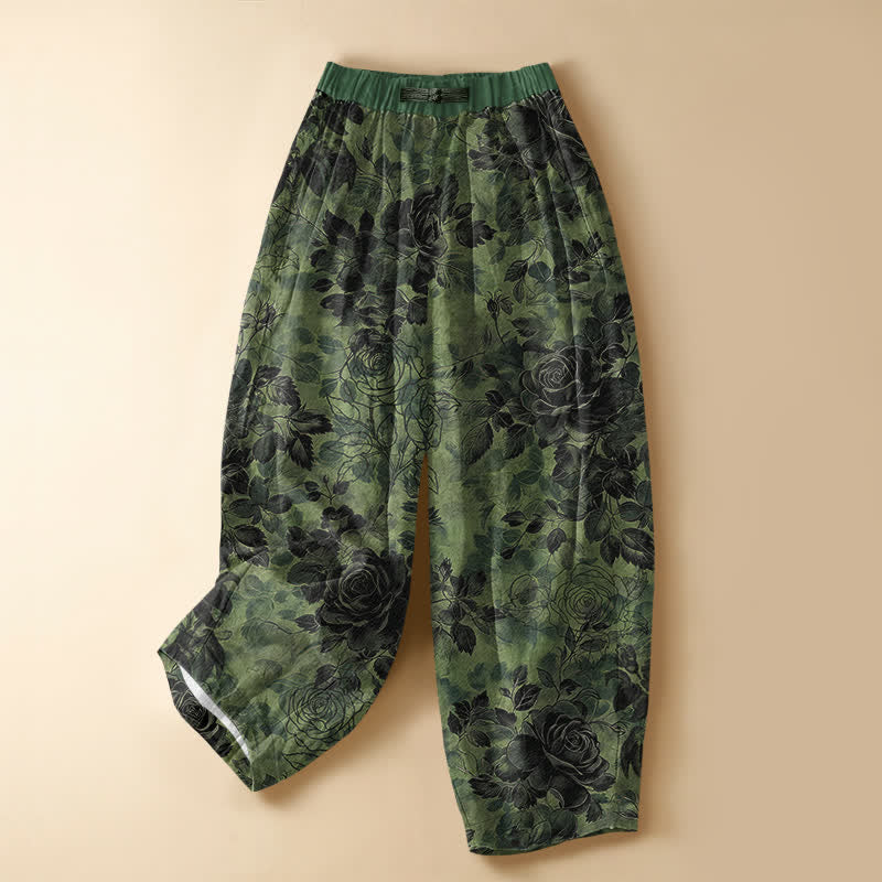 Buddha Stones Pure Cotton Vintage Rose Floral Pattern Frog Button Women's Elastic Waist Harem Pants With Pockets - ForestGreen - US16，UK/AU20，EU48 (3XL) - image 0