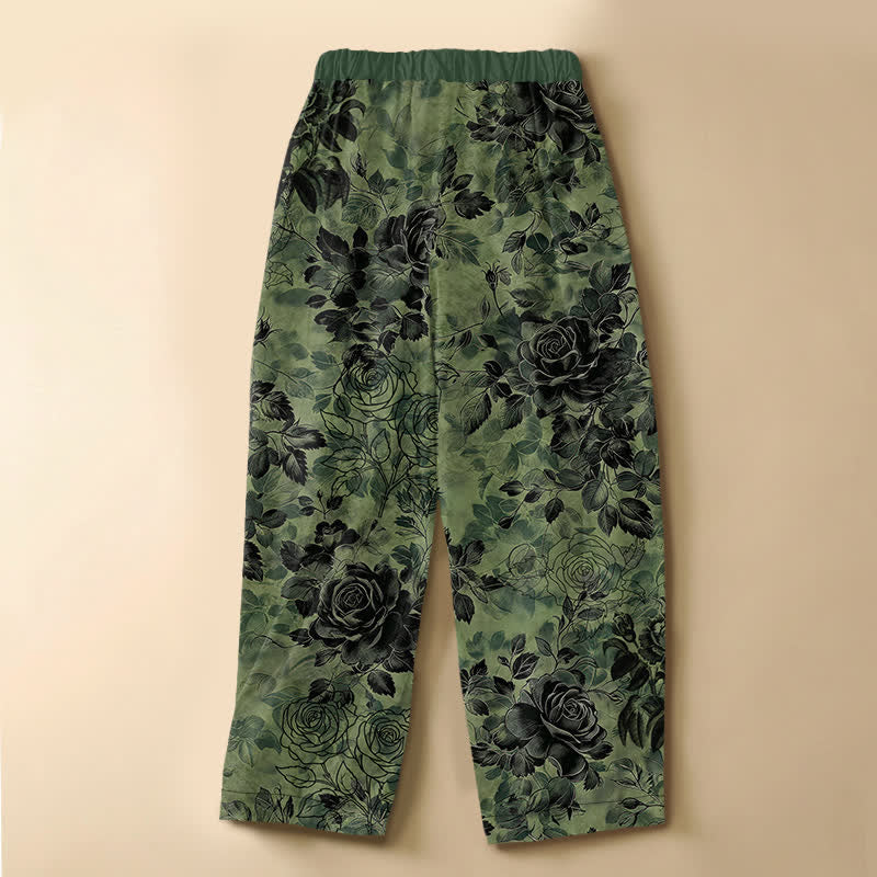 Buddha Stones Pure Cotton Vintage Rose Floral Pattern Frog Button Women's Elastic Waist Harem Pants With Pockets - image 1