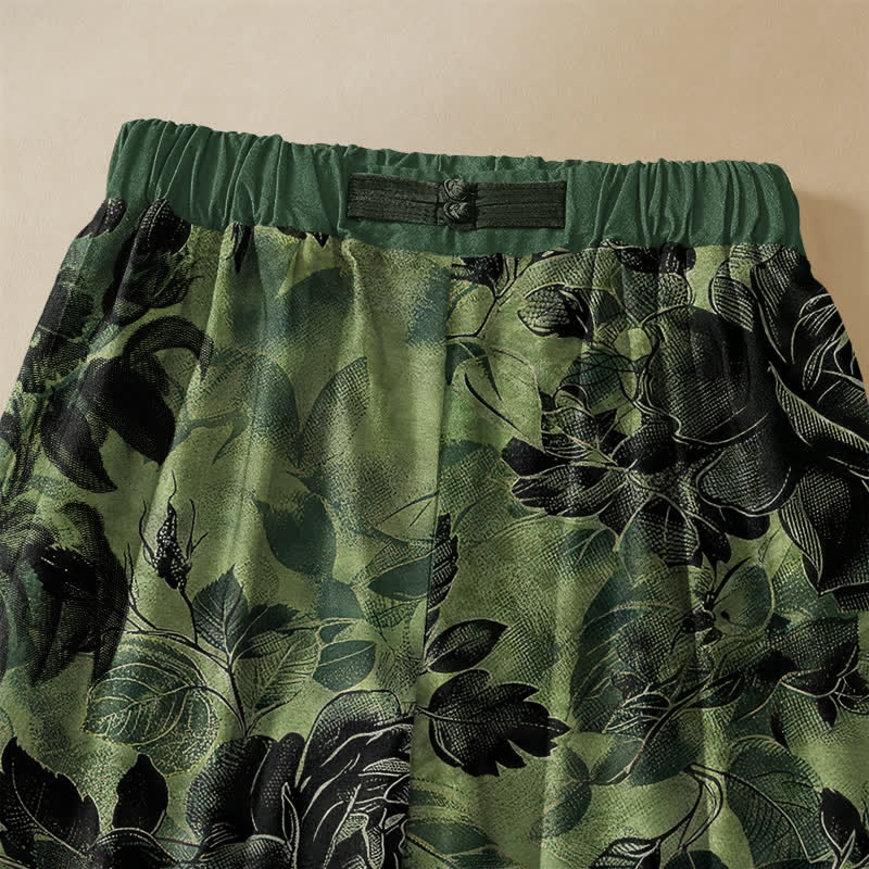 Buddha Stones Pure Cotton Vintage Rose Floral Pattern Frog Button Women's Elastic Waist Harem Pants With Pockets - image 2