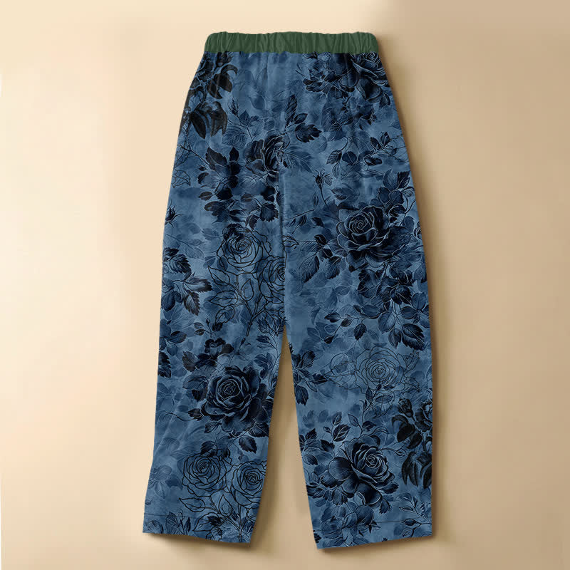 Buddha Stones Pure Cotton Vintage Rose Floral Pattern Frog Button Women's Elastic Waist Harem Pants With Pockets - image 6