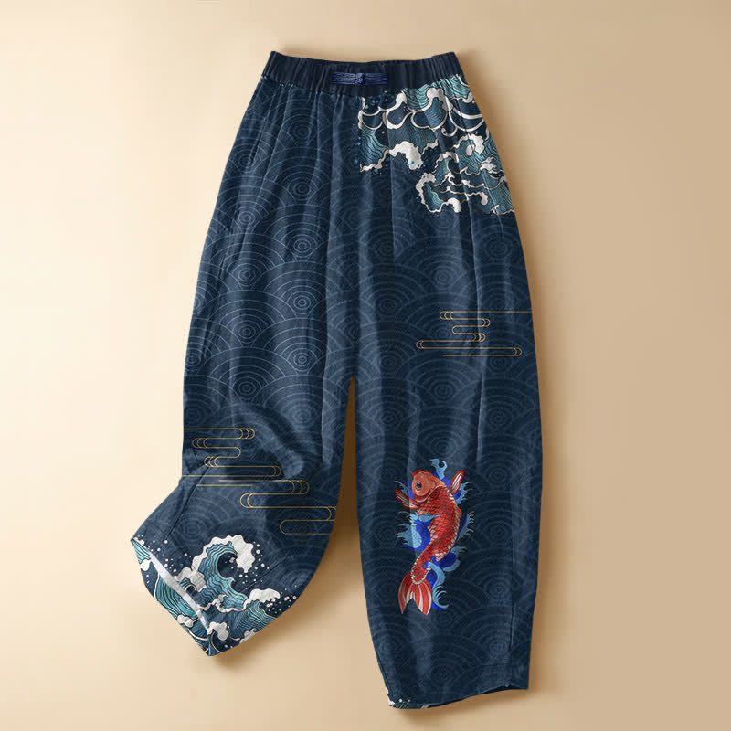 Buddha Stones Pure Cotton Japanese Koi Wave Pattern Frog Button Women's Elastic Waist Harem Pants With Pockets - Navy - US16，UK/AU20，EU48 (3XL) - image 0