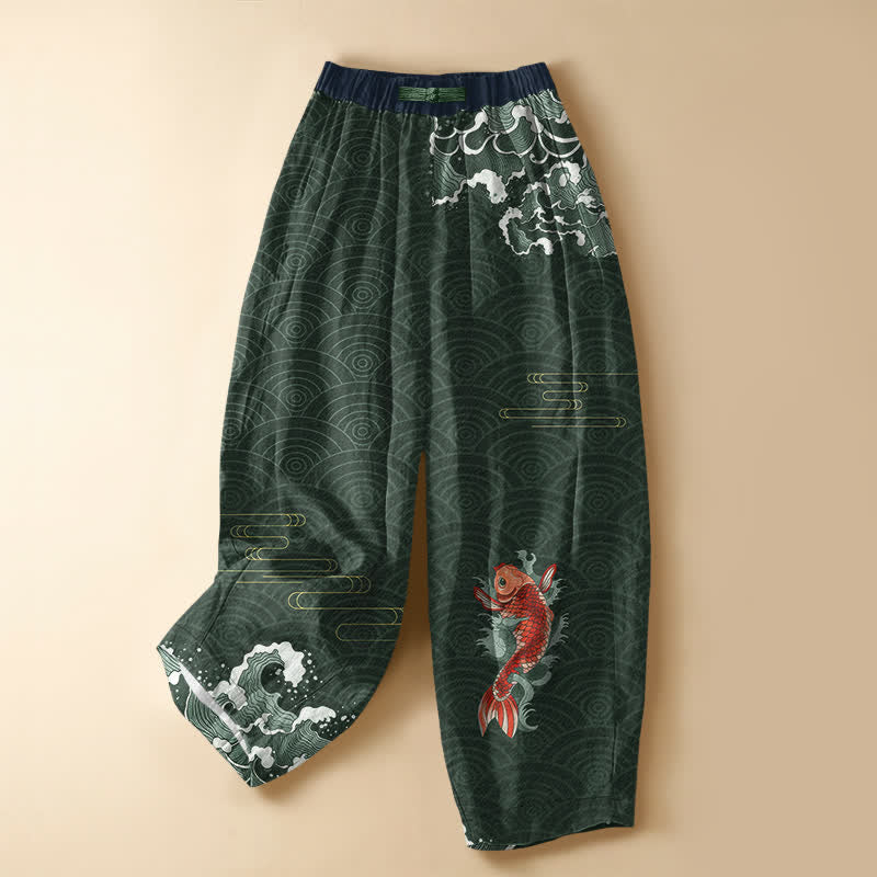 Buddha Stones Pure Cotton Japanese Koi Wave Pattern Frog Button Women's Elastic Waist Harem Pants With Pockets - DarkGreen - US16，UK/AU20，EU48 (3XL) - image 5