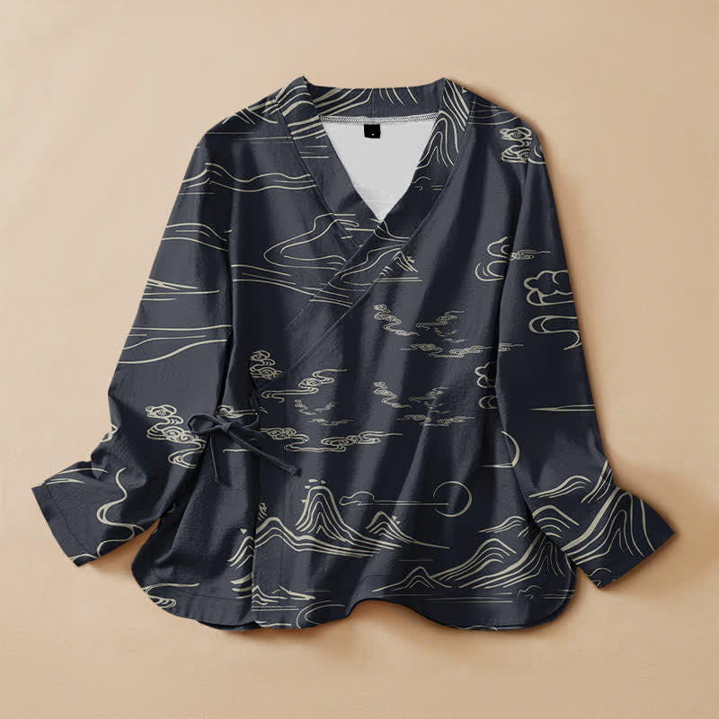 Buddha Stones Cotton Mountain Cloud Moon Print Hanfu Style Wrap V-Neck Lace-up Women's Long Sleeve Shirts - DarkSlateGray - US16，UK/AU20，EU48 (3XL) - image 0