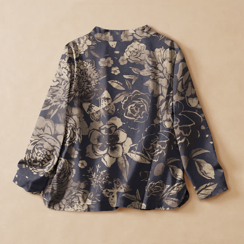 Buddha Stones Cotton Vintage Floral Print Hanfu Style Wrap V-Neck Lace-up Women's Long Sleeve Shirts - image 1