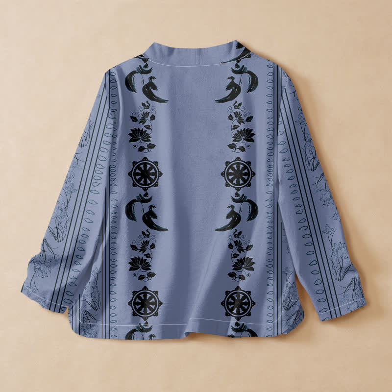 Buddha Stones Cotton Boho Floral Border Pattern Wrap V-Neck Lace-up Women's Long Sleeve Shirts Kimono - image 1