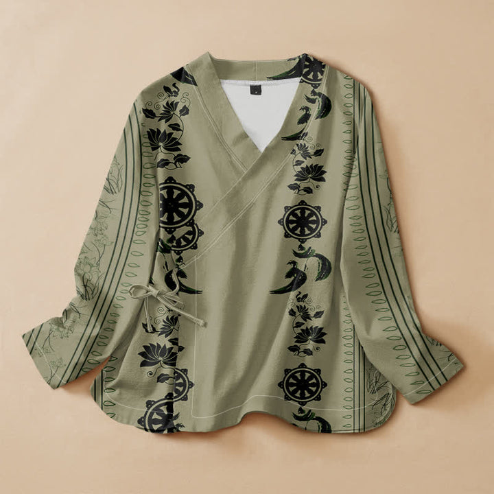 Buddha Stones Cotton Boho Floral Border Pattern Wrap V-Neck Lace-up Women's Long Sleeve Shirts Kimono - DarkSeaGreen - US16，UK/AU20，EU48 (3XL) - image 7