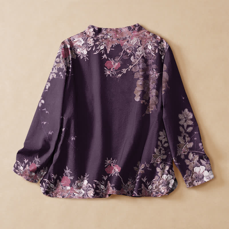 Buddha Stones Cotton Oriental Bloom Pattern Wrap V-Neck Lace-up Women's Long Sleeve Shirts Kimono - image 8