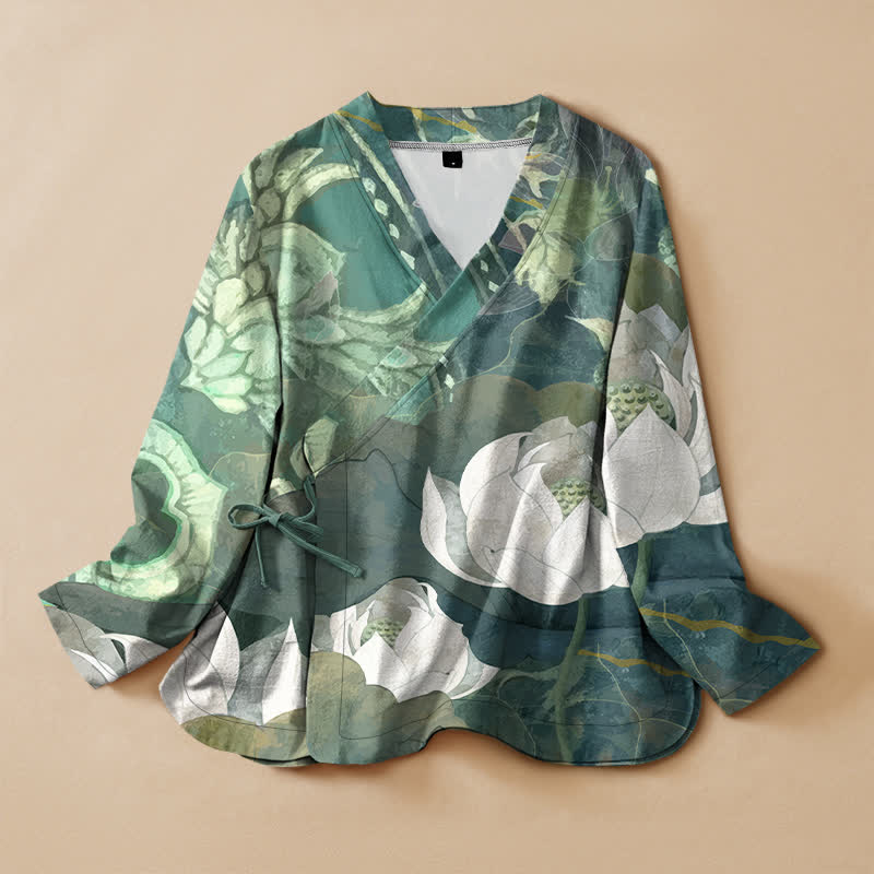 Buddha Stones Cotton White Lotus Leaf Print Hanfu Style Wrap V-Neck Lace-up Women's Long Sleeve Shirts Kimono - MediumSeaGreen - US16，UK/AU20，EU48 (3XL) - image 0