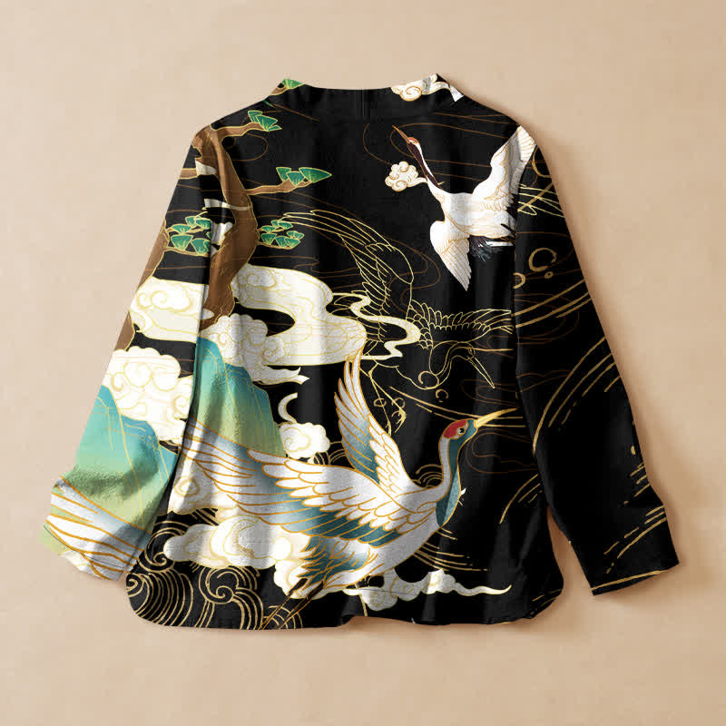 Buddha Stones Cotton Oriental Crane Cloud Print Wrap V-Neck Lace-up Women's Long Sleeve Shirts Kimono - image 1