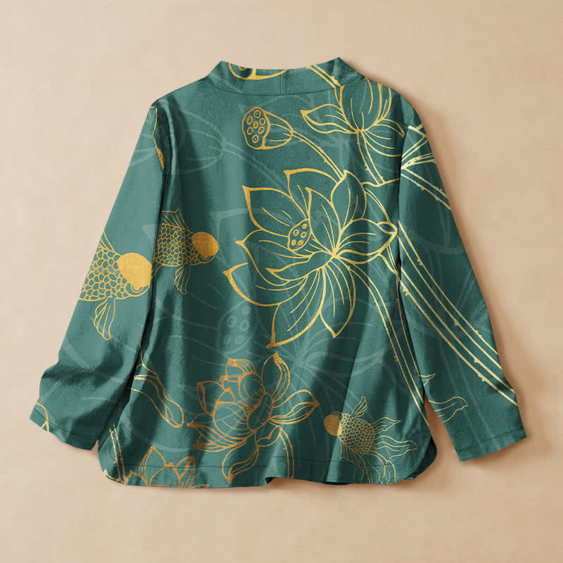 Buddha Stones Cotton Lotus Flower Fish Print Wrap V-Neck Lace-up Women's Long Sleeve Shirts Kimono - image 1