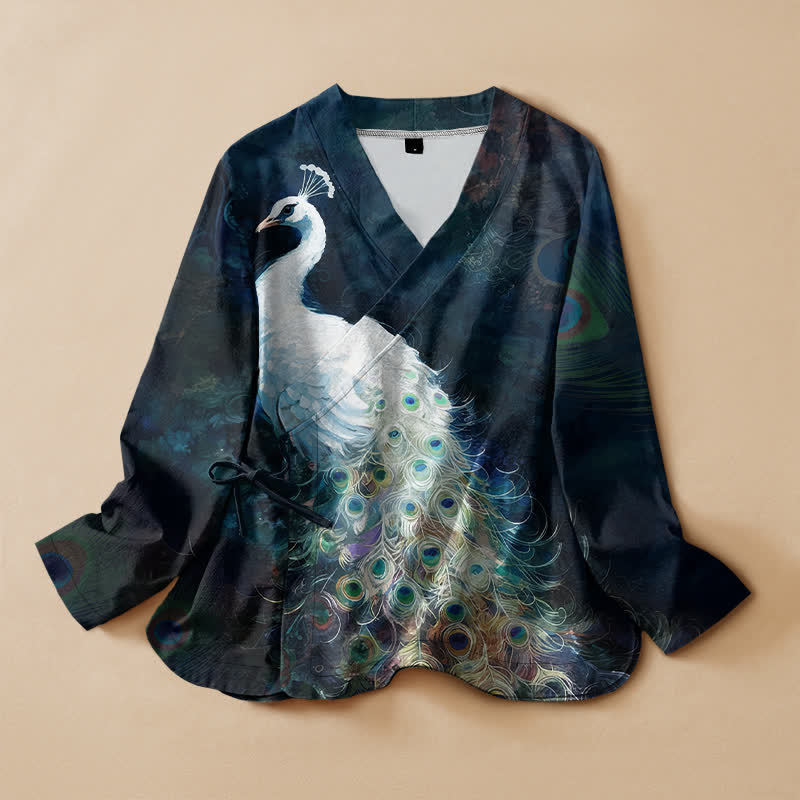 Buddha Stones Cotton Peacock Feather Pattern Wrap V-Neck Lace-up Women's Long Sleeve Shirts Kimono - MidnightBlue - US16，UK/AU20，EU48 (3XL) - image 0
