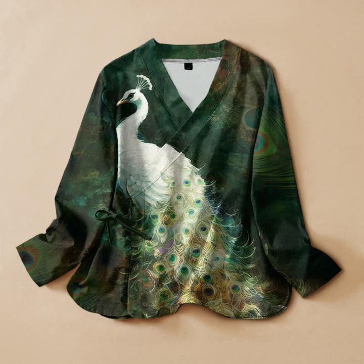 Buddha Stones Cotton Peacock Feather Pattern Wrap V-Neck Lace-up Women's Long Sleeve Shirts Kimono - DarkGreen - US16，UK/AU20，EU48 (3XL) - image 7