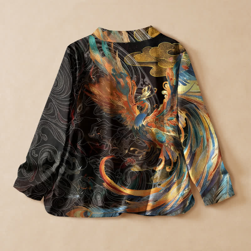 Buddha Stones Cotton Golden Phoenix Cloud Print Hanfu Style Wrap V-Neck Lace-up Women's Long Sleeve Shirts Kimono - image 1