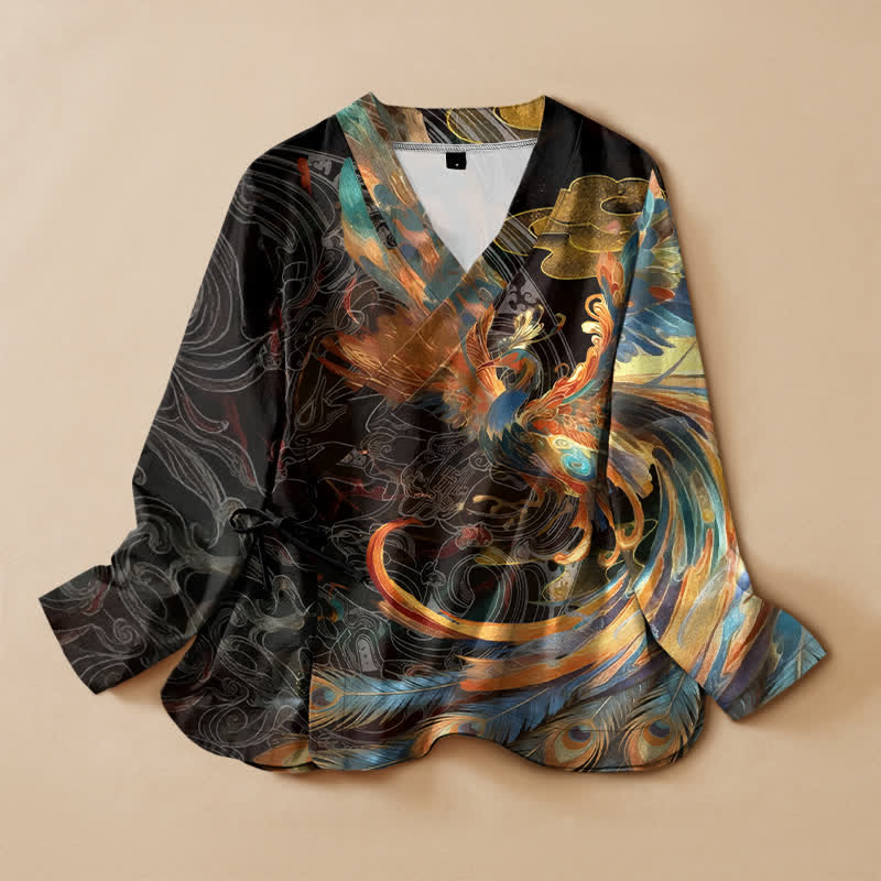 Buddha Stones Cotton Golden Phoenix Cloud Print Hanfu Style Wrap V-Neck Lace-up Women's Long Sleeve Shirts Kimono - Black - US16，UK/AU20，EU48 (3XL) - image 0