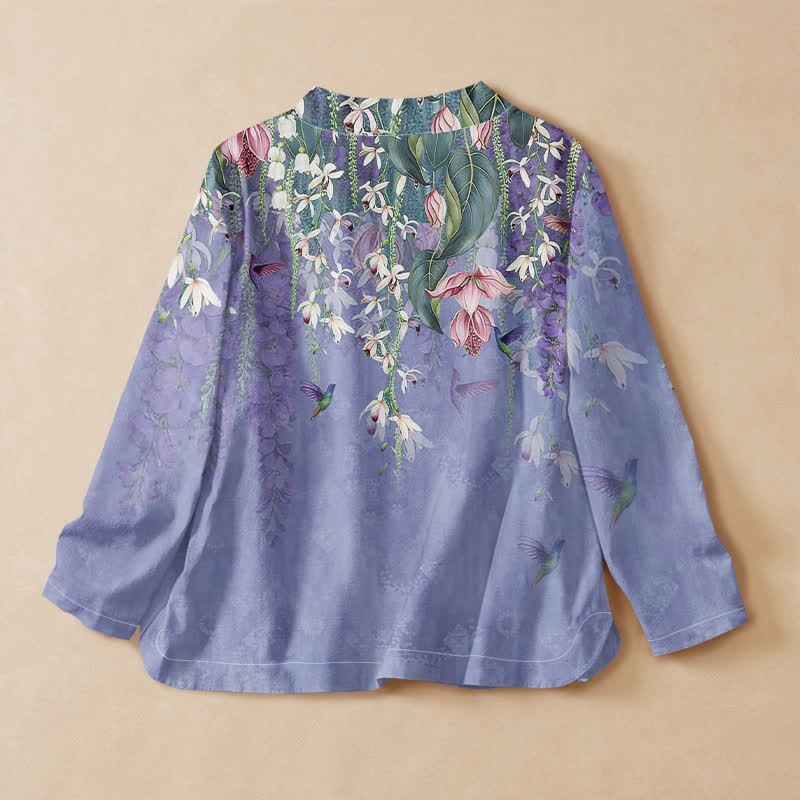 Buddha Stones Cotton Lavender Floral Hummingbird Print Hanfu Style Wrap V-Neck Lace-up Women's Long Sleeve Shirts Kimono - image 1