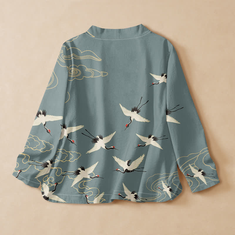 Buddha Stones Cotton Red Crown Crane Print Hanfu Style Wrap V-Neck Lace-up Women's Long Sleeve Shirts Kimono - image 1