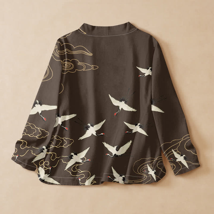 Buddha Stones Cotton Red Crown Crane Print Hanfu Style Wrap V-Neck Lace-up Women's Long Sleeve Shirts Kimono - image 6