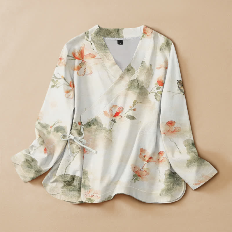 Buddha Stones Cotton Butterfly Floral Print Hanfu Style Wrap V-Neck Lace-up Women's Long Sleeve Shirts Kimono - Ivory - US16，UK/AU20，EU48 (3XL) - image 0