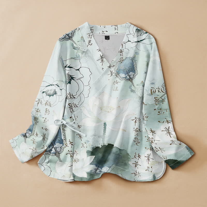 Buddha Stones Cotton Ink Lotus Calligraphy Print Hanfu Style Wrap V-Neck Lace-up Women's Long Sleeve Shirts Kimono - AliceBlue - US16，UK/AU20，EU48 (3XL) - image 0