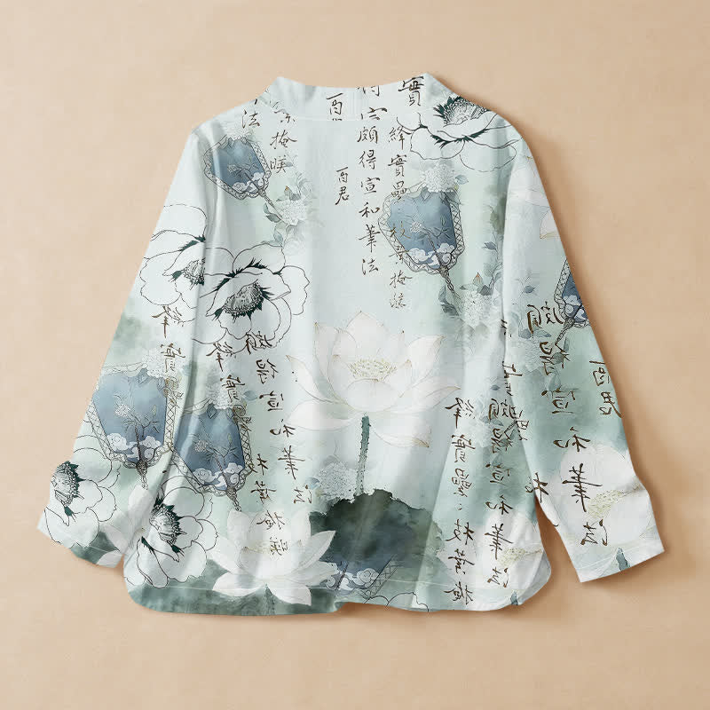 Buddha Stones Cotton Ink Lotus Calligraphy Print Hanfu Style Wrap V-Neck Lace-up Women's Long Sleeve Shirts Kimono - image 1
