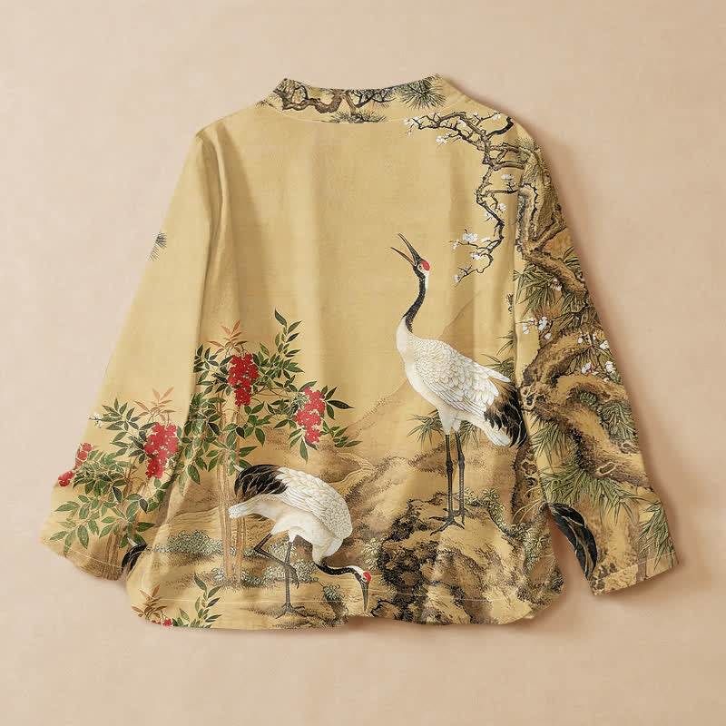 Buddha Stones Cotton Crane Pine Blossom Print Hanfu Style Wrap V-Neck Lace-up Women's Long Sleeve Shirts Kimono - image 1