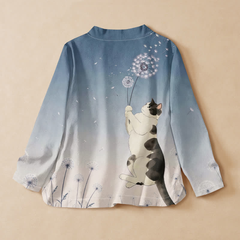 Buddha Stones Cotton Dandelion Cat Print Hanfu Style Wrap V-Neck Lace-up Women's Long Sleeve Shirts Kimono - image 1
