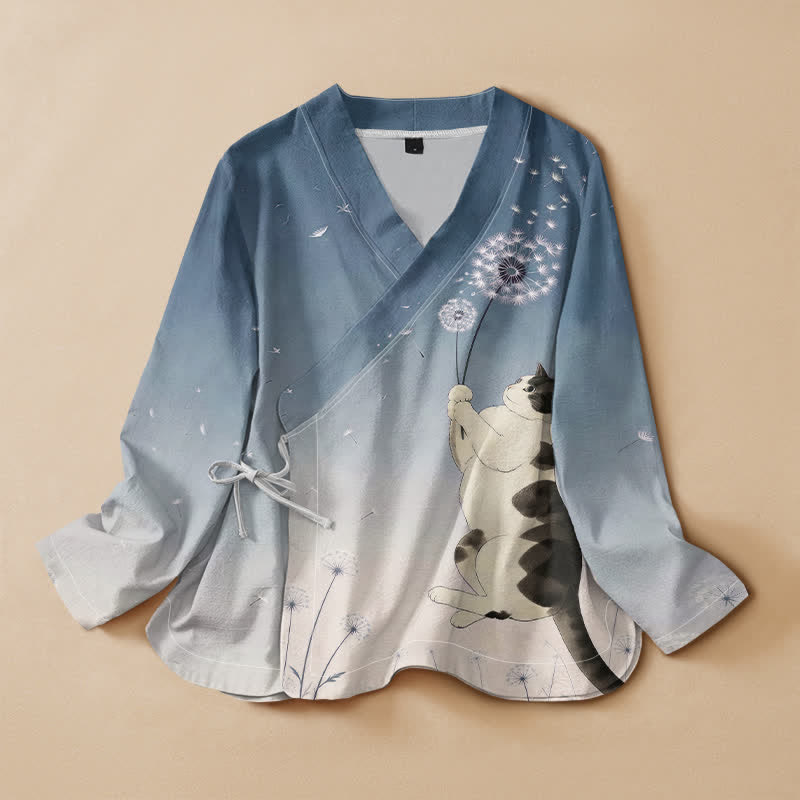 Buddha Stones Cotton Dandelion Cat Print Hanfu Style Wrap V-Neck Lace-up Women's Long Sleeve Shirts Kimono - SteelBlue - US16，UK/AU20，EU48 (3XL) - image 0