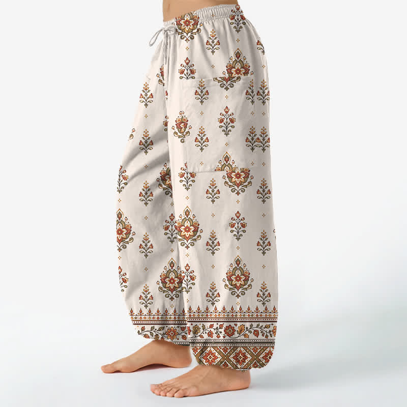 Buddha Stones Cotton Bohemian Ethnic Floral Pattern Women's Elastic Waist Harem Pants With Side Pockets - image 1