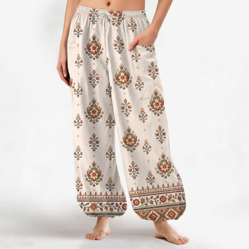 Buddha Stones Cotton Bohemian Ethnic Floral Pattern Women's Elastic Waist Harem Pants With Side Pockets - Beige - US16，UK/AU20，EU48 (3XL) - image 0