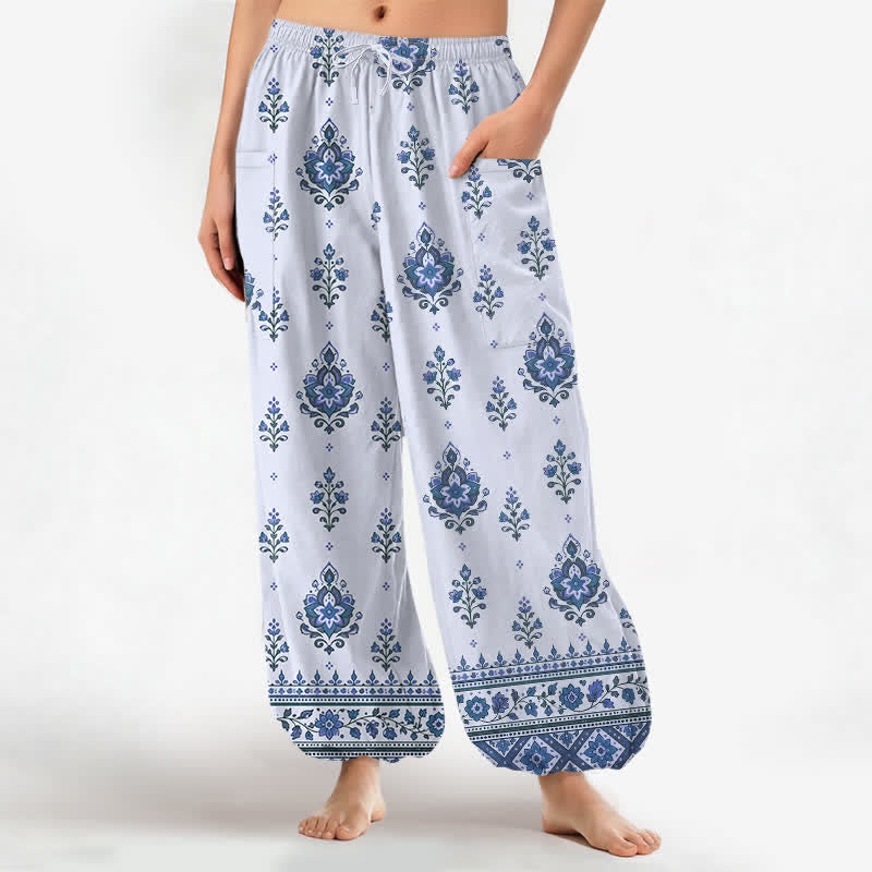 Buddha Stones Cotton Bohemian Ethnic Floral Pattern Women's Elastic Waist Harem Pants With Side Pockets - LightCyan - US16，UK/AU20，EU48 (3XL) - image 10