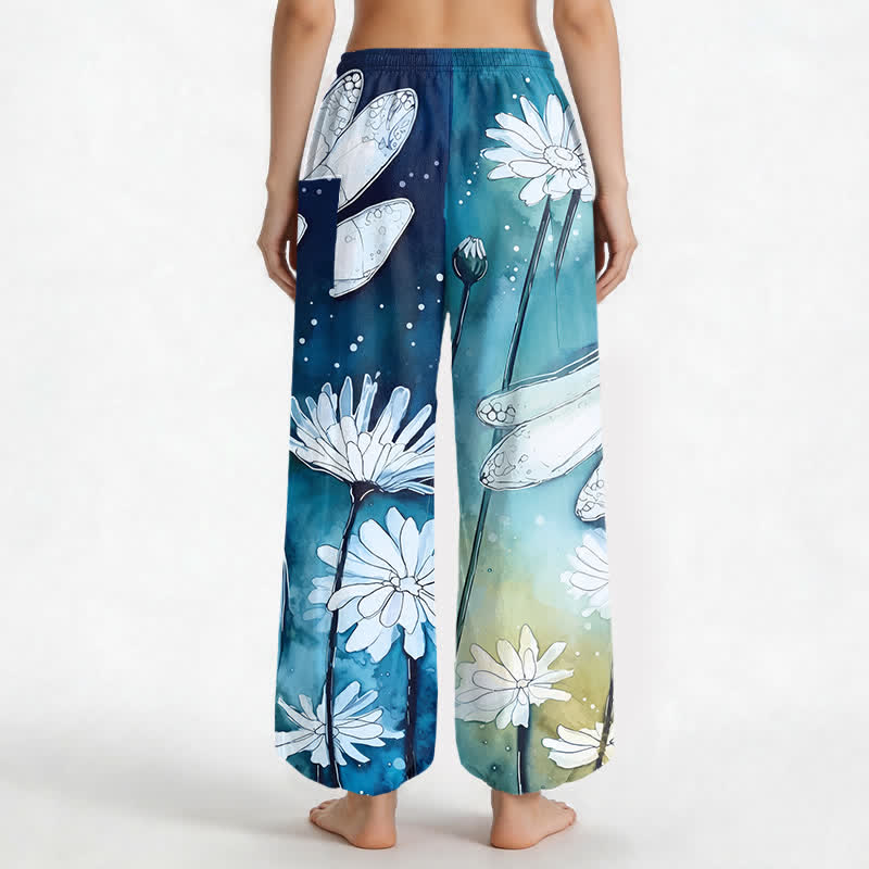 Buddha Stones Cotton Watercolor Dragonfly Daisy Pattern Women's Elastic Waist Harem Pants With Side Pockets - image 2