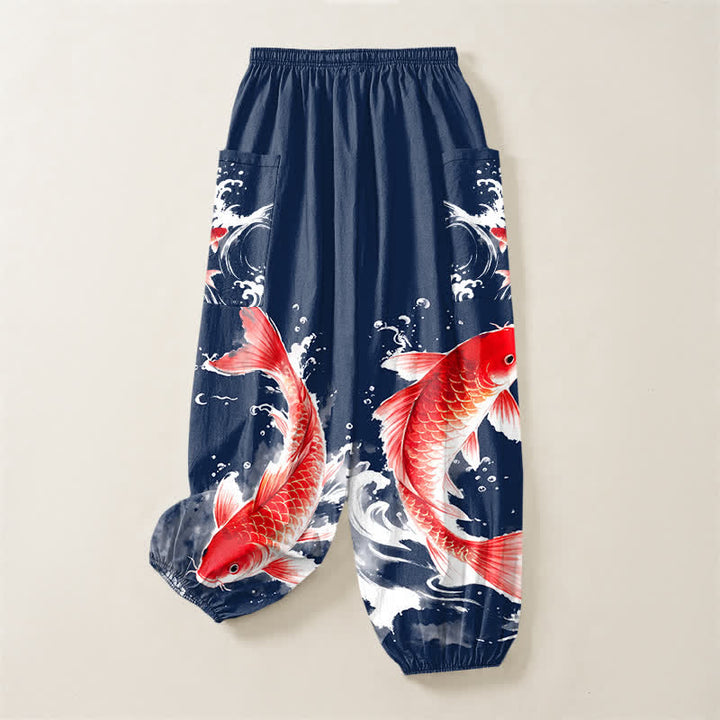 Buddha Stones Cotton Koi Fish Water Pattern Women's Elastic Waist Harem Pants With Side Pockets - image 4