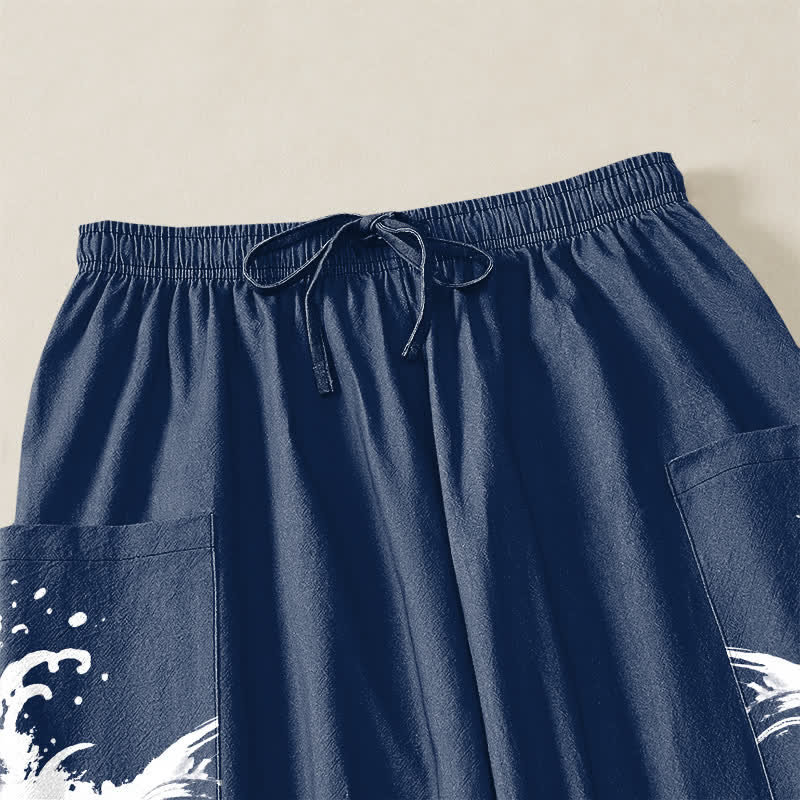 Buddha Stones Cotton Koi Fish Water Pattern Women's Elastic Waist Harem Pants With Side Pockets - image 5