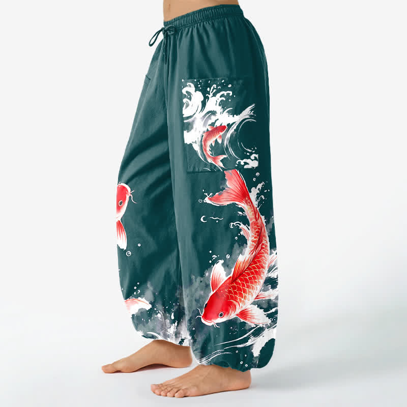 Buddha Stones Cotton Koi Fish Water Pattern Women's Elastic Waist Harem Pants With Side Pockets - image 8