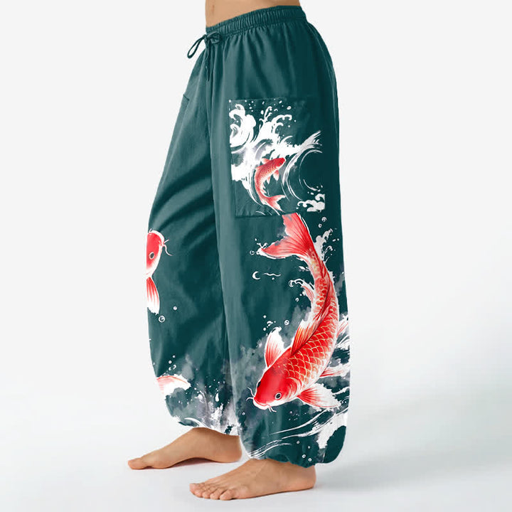 Buddha Stones Cotton Koi Fish Water Pattern Women's Elastic Waist Harem Pants With Side Pockets - image 8