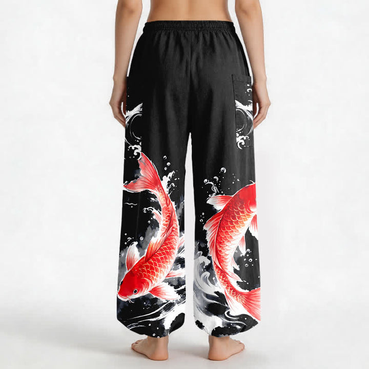 Buddha Stones Cotton Koi Fish Water Pattern Women's Elastic Waist Harem Pants With Side Pockets - image 12