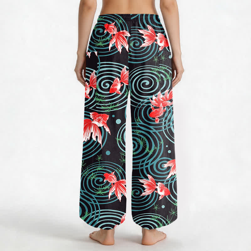 Buddha Stones Cotton Oriental Koi Ripple Pattern Women's Elastic Waist Harem Pants With Side Pockets - image 2