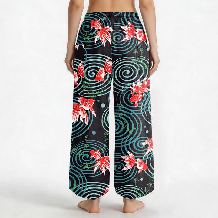 Buddha Stones Cotton Oriental Koi Ripple Pattern Women's Elastic Waist Harem Pants With Side Pockets - image 2